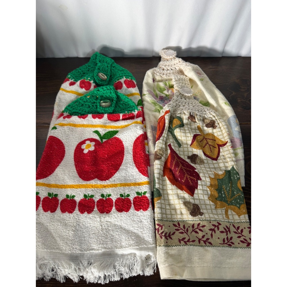 Vintage Hanging Kitchen Towels Set of 4 Crochet Top‎ Apple Autumn Floral USA